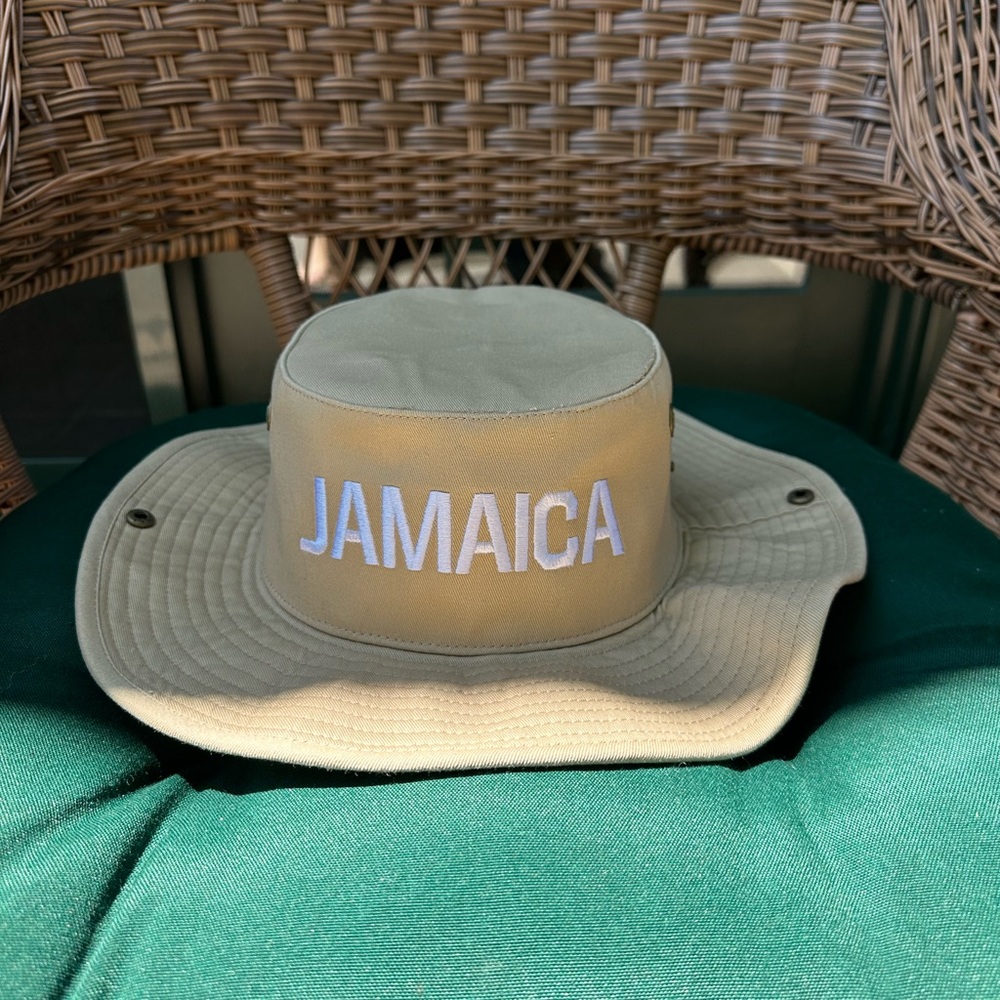 Tan and White Safari Hat with Jamaica Embroidery